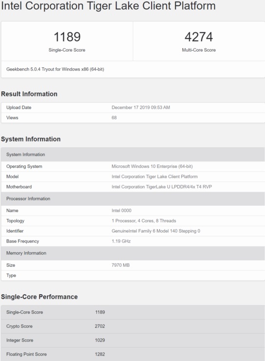 英特尔10nm Tiger Lake跑分：四核更比六核强 将于明年推出