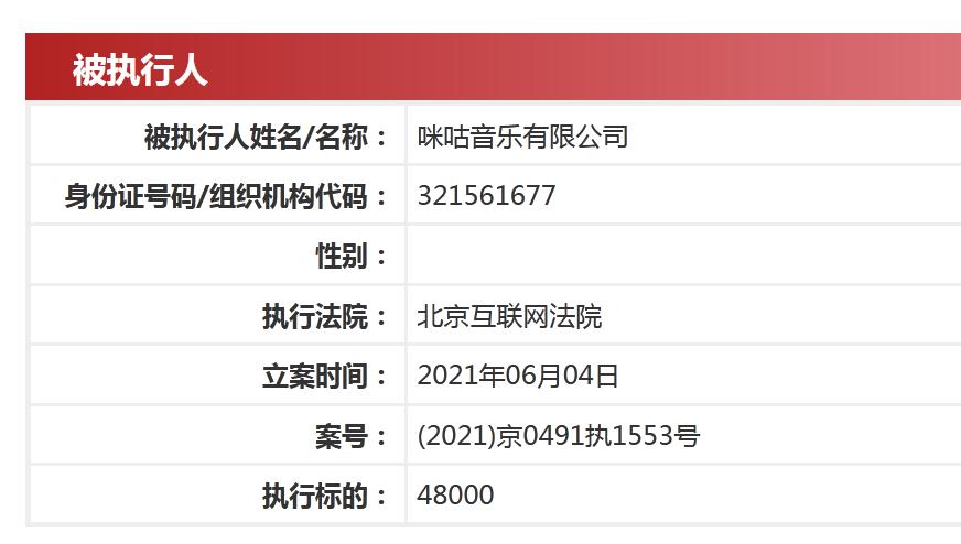 咪咕音乐成被执行人 因侵权音著协被判赔4.8万